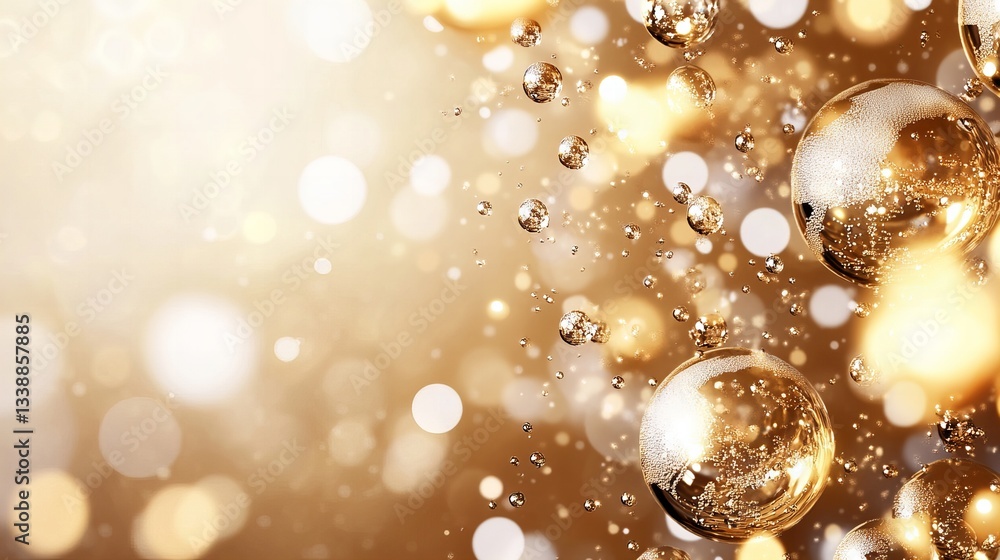 Poster golden spheres float amidst a soft, shimmering bokeh background with a warm color palette and light 