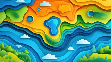 Colorful paper-cut landscape with water and hills