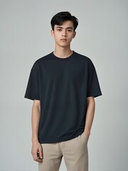 A young man standing in a neutral pose. wearing a plain black t-shirt and beige pants