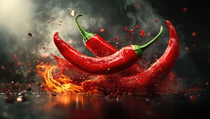 Red-hot chili peppers splashing in the air, creating an explosion effect.
