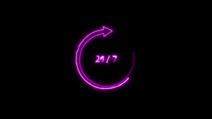 24 hours a day and 7 days a week neon bright purple color animation. Black background 4k video.