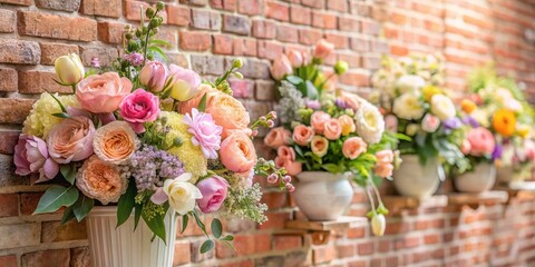 Pastel Flower Brick Wall Decor: Springtime Floral Arrangement on Rustic Background