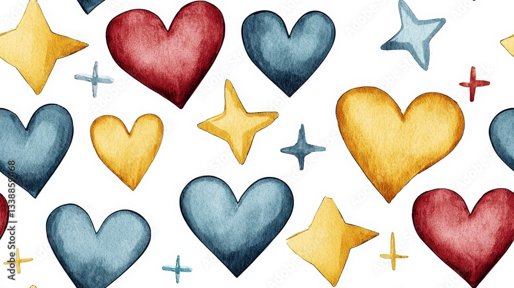Aufkleber heart and star watercolor pattern: a seamless watercolor pattern featuring an array of hearts and st