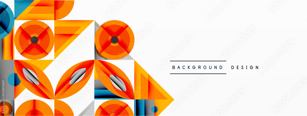 Poster geometric abstract composition with intersecting shapes, circles, triangles, and gradients, blending