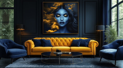 Sophisticated Modern, stylish Living Room with Bold Yellow Sofa and Artistic Blue Décor
