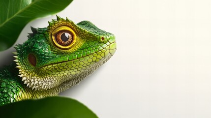 Obraz premium Green lizard is positioned against a white backdrop, surrounded by lush leaves, exhibiting intricate scale patterns and vibrant coloration on its head