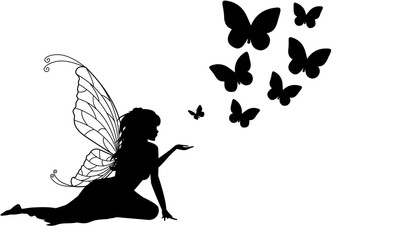 Fairy Silhouette with Butterflies  Magical Fantasy Clipart Black and White vector illustrations on a white background.