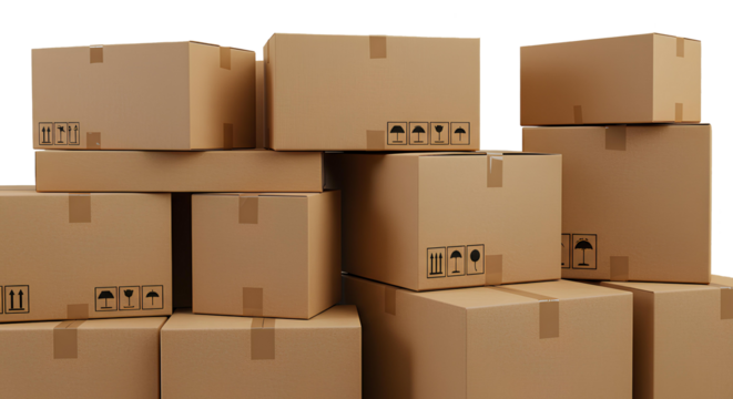 A stack of brown cardboard boxes sealed with tape, featuring shipping symbols, ready for storage or transportation.