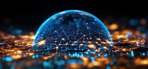 A blue sphere with a cityscape on it