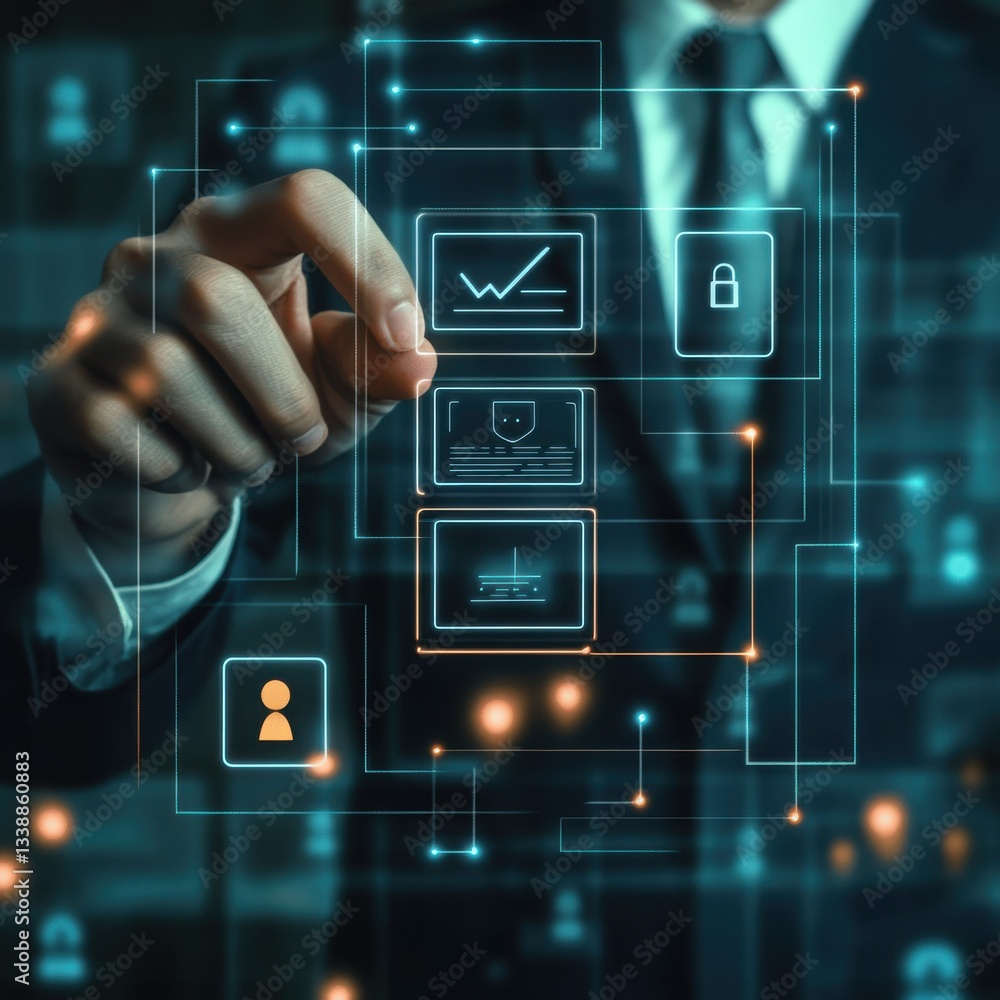 Aufkleber businessman interacting with futuristic digital interface showing secure online transactions and dat
