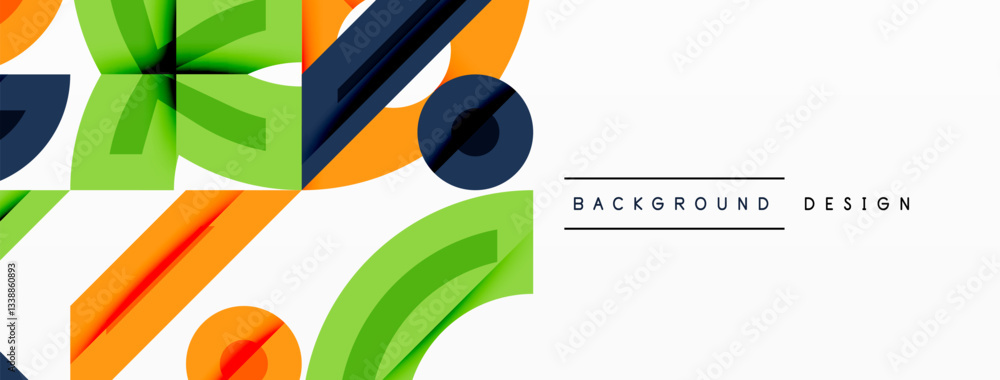 Poster Abstract geometric background with shapes, featuring circular and rounded elements. Bold contrast, smooth gradients, dynamic composition, futuristic style