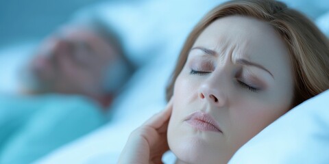 Frustrated woman in bed while partner snores bedroom emotional scene nighttime close-up relationship strain