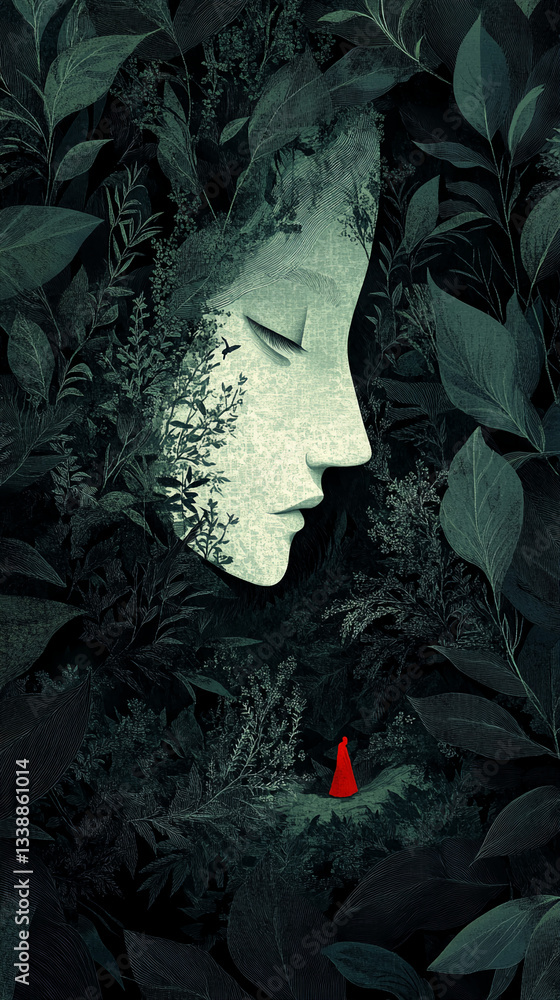 Poster green foliage envelops a serene face, creating a nature-person fusion. a small red figure stands bel