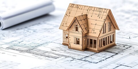 Architectural Dreams: A miniature house model sits atop detailed architectural blueprints, symbolizing the genesis of a new construction project.