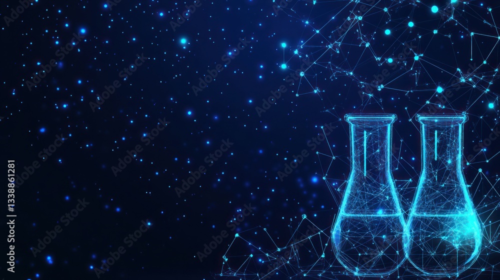 Poster abstract science lab flasks, digital network background