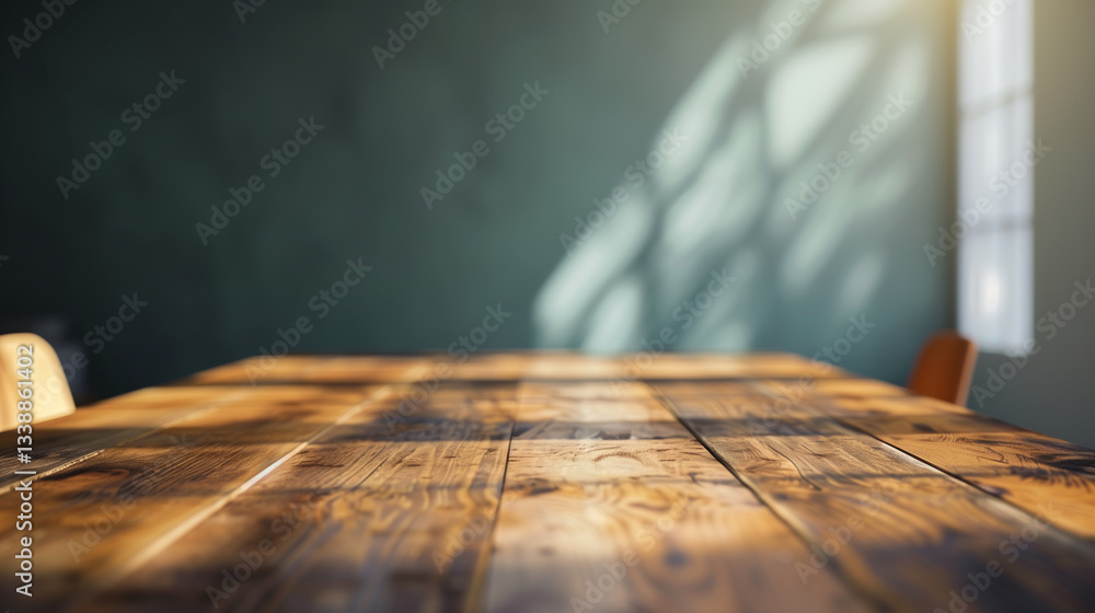 Poster Table background copy space. Wooden table desk background with shabby wall and soft light. Wooden table mock up for product placement and design. Luxury minimalistic grunge tabletop