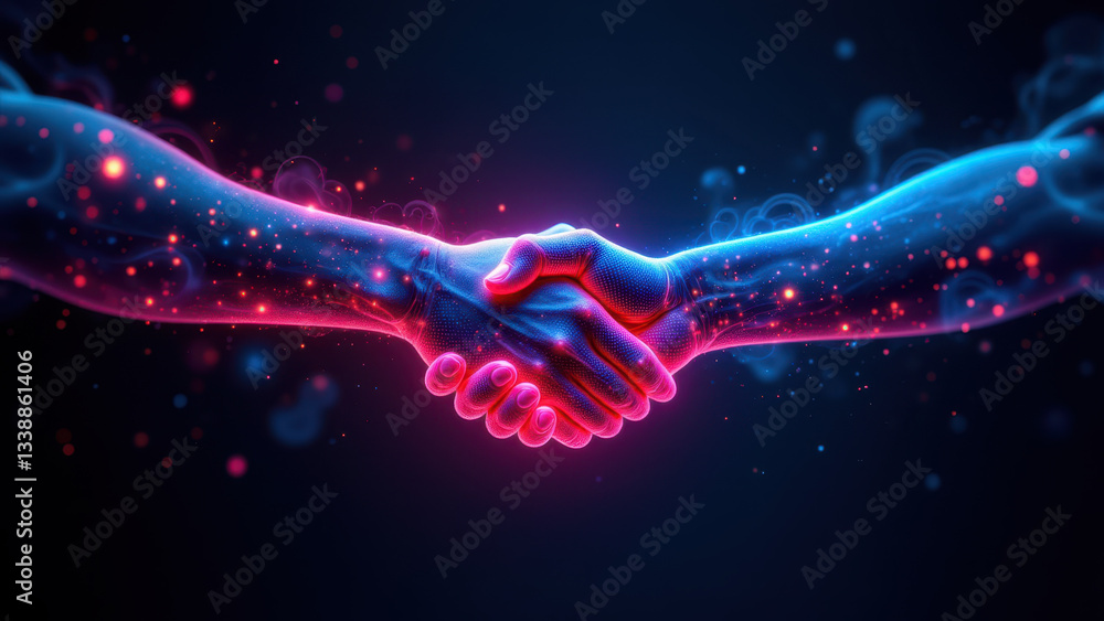 Aufkleber a vibrant digital art piece depicting a cybernetic handshake with abstract digital elements suggesti