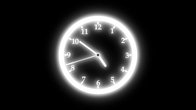 Simple analog clock animation with numbers on black background, simple clock face with hour and minute hands