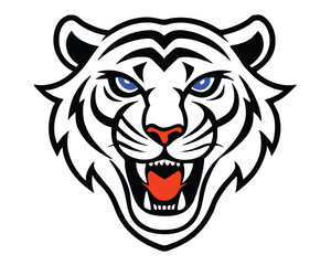 Fototapeta premium A stylized logo with in blue, white, red, and orange. The orange color is used for the stylized Tiger head. The Tiger head has its eyes closed and its mouth open. The background is black.