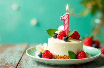 1 Year. Birthday Anniversary Sweet Cake. an anniversary greeting card or banner. Greeting Card, Banner with Burning Birthday Party Candle, Number, Flame. Design for Birthday Concept.
