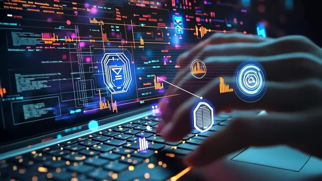 A closeup of a hand typing on a sleek laptop, surrounded by vibrant digital data, symbols, and programming codes, illustrating the dynamic intersection of business and technology today