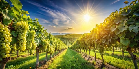 Naklejka premium Panoramic Vineyard Harvest: Sun-Drenched Grapes Ready for Winemaking