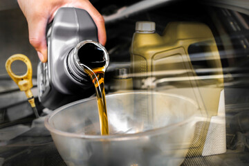 Oil change process in automotive service garage , Double exposure , The mechanic poured engine oil into a funnel on the engine oil fill port , Car maintenance concept