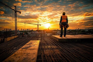 Fototapeta premium Worker in High Visibility Vest Overlooking Construction Site at Sunset