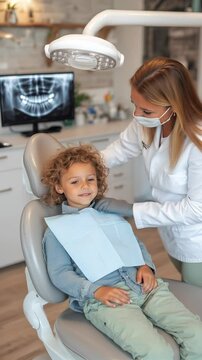 Child smiling at dental clinic with hygienist ready for checkup and x-ray results visible in background. Ideal for Social Media, Stories, Advertising