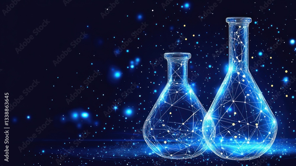 Poster abstract science flasks on dark background