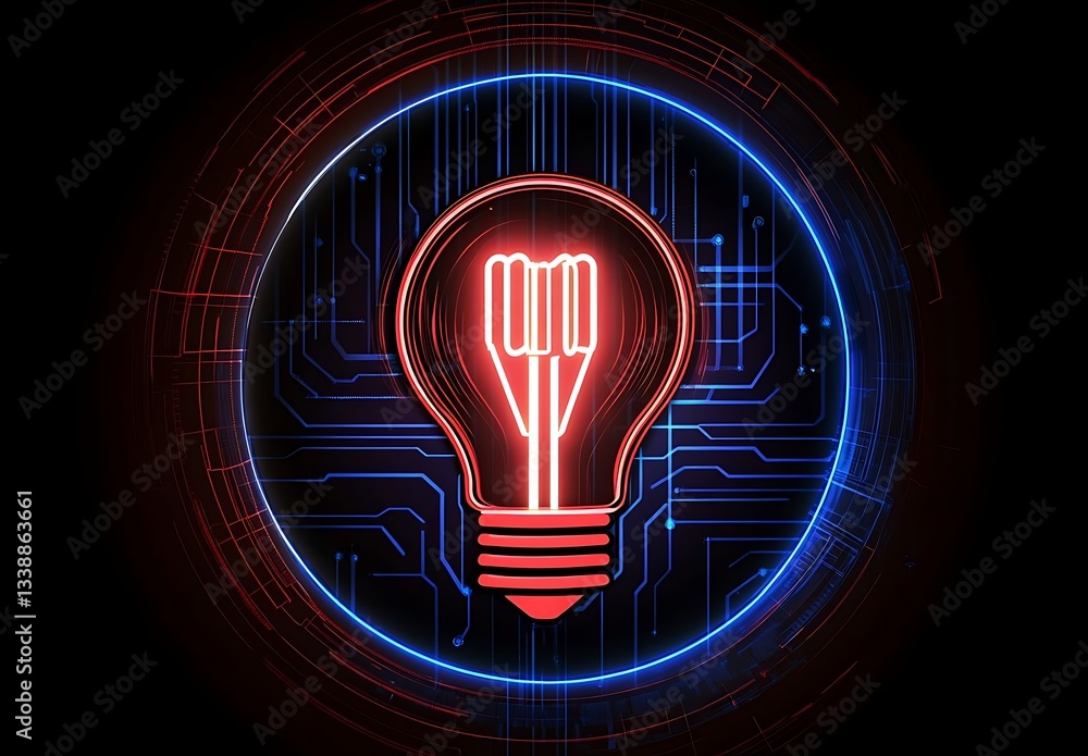Poster abstract futuristic background featuring an illuminated light bulb and glowing digital elements on a