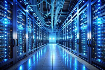 Obraz premium Panoramic View of Modern Data Center Server Room with Blue Lights and Network Cables