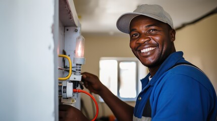 Building: Construction, Electrician Smiles doing his job, repairs, Safety of the Environment wearing helmets	