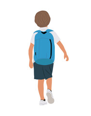 School boy going to elementary, primary school vector illustration isolated on white background. Happy pupil walking with backpack rear view. Back to school concept.