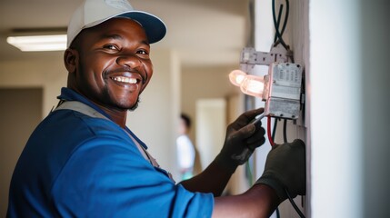 Building: Construction, Electrician Smiles doing his job, repairs, Safety of the Environment wearing helmets	