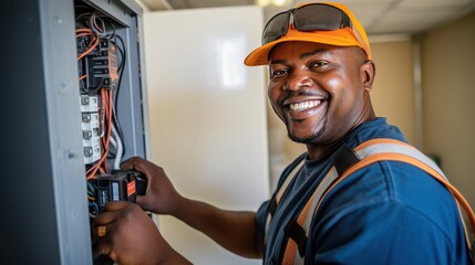 Building: Construction, Electrician Smiles doing his job, repairs, Safety of the Environment wearing helmets	