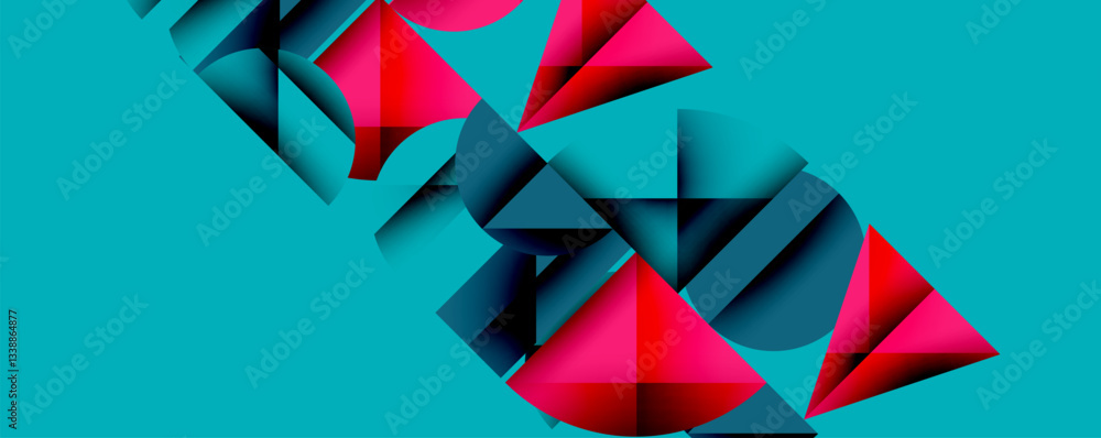 Poster Abstract geometric background with layered gradient shapes forming dynamic patterns. Overlapping semi circles and triangles create depth and contrast