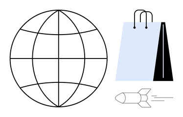 Globe symbolizing international connectivity, shopping bag for e-commerce, and rocket for express global shipping. Ideal for e-commerce, delivery service, globalization, innovation, speed