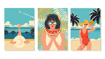 Retro Summer Posters on Beach Theme. Illustrations of Young Girls in Swimsuits. Vector templates for postcards, advertising flyers