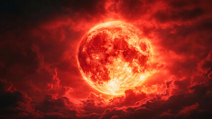 Fantasy full red moon Horror spooky Halloween concept Cloudy night sky lit by a large closeup of a full moon in a glowing fantasy ethereal moon