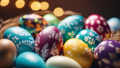 Naklejka premium Colorful Easter eggs in a basket.