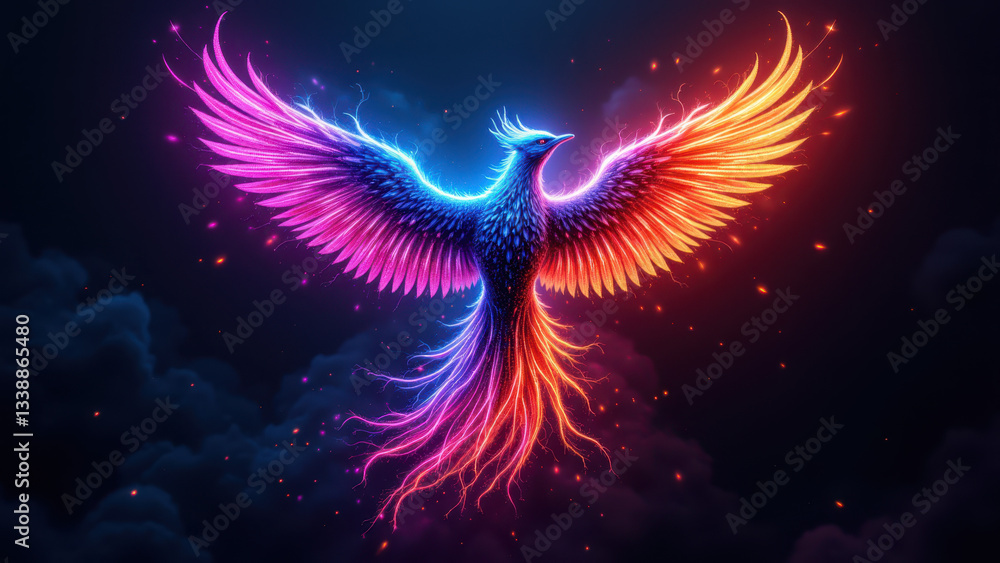 Poster colorful abstract bird soaring against a vibrant background representing cybersecurity or devops the