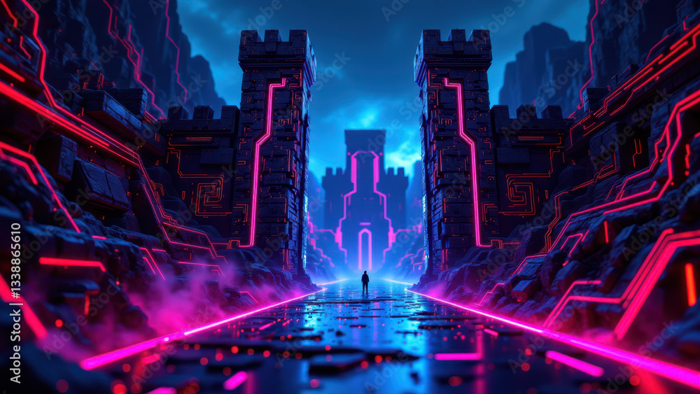 Poster a futuristic digital landscape set in a kubernetes environment with a cyberpunk aesthetic.