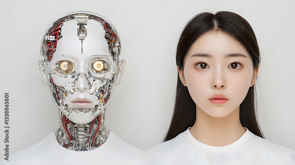 Poster a hyper-realistic ai-generated portrait merging human and robotic features