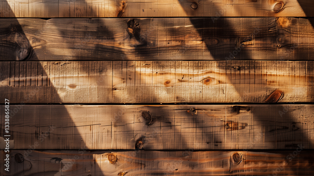 Poster Wooden texture table surface top view with sunlight beams and shadows copy space mock up