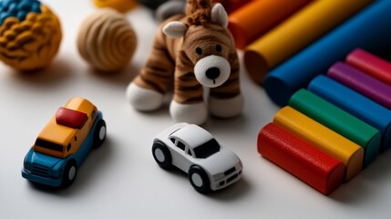 Obraz premium Playful Still Life Featuring Wooden Toys and Colorful Blocks for Children