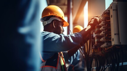 Building: Construction, Electrician Smiles doing his job, repairs, Safety of the Environment wearing helmets	