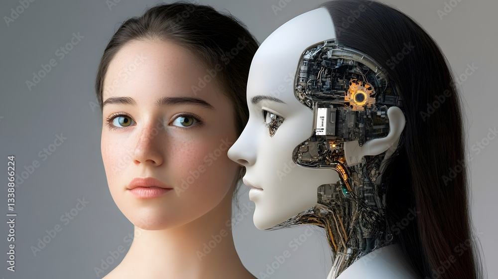 Poster a hyper-realistic ai-generated portrait merging human and robotic features