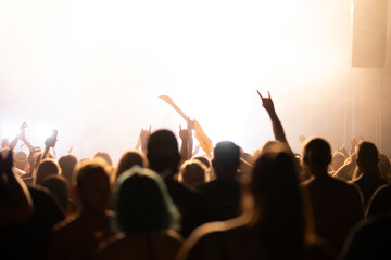 Crowd at concert and blurred stage lights.