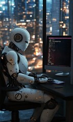 Fototapeta premium A robot is sitting at a desk in front of a computer monitor